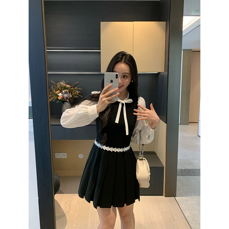 XINYI【丝滑黑巧】秋季撞色拼接连衣裙收腰显瘦百褶裙X625Q12810