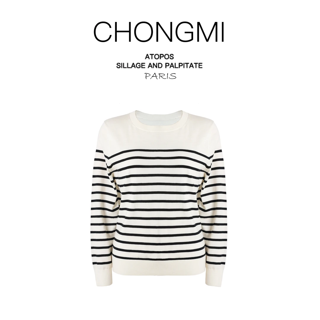 双色横条纹女士毛针织衫2025春季时尚百搭气质女士上衣 L251298