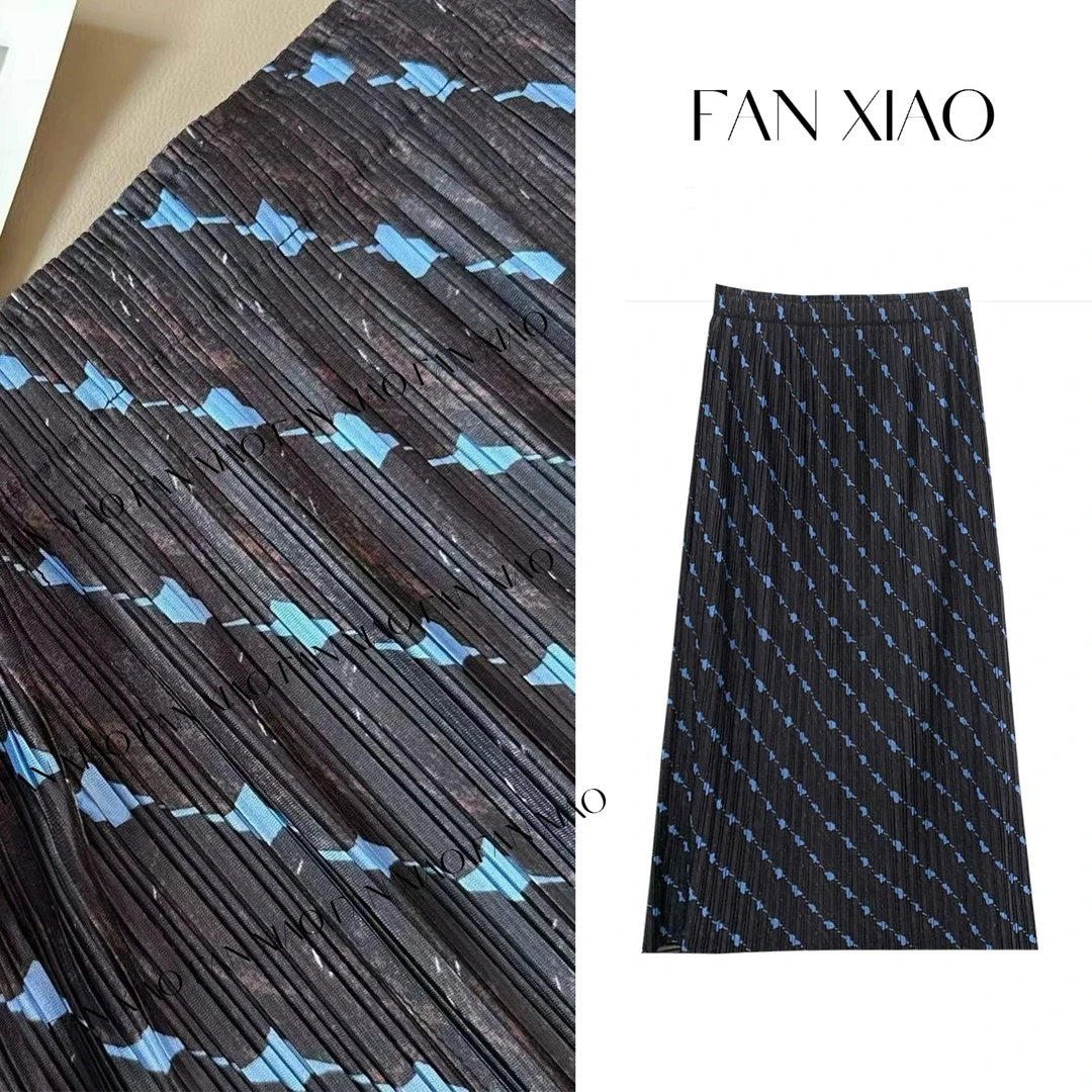 FAN XIAO•“幽蓝花影”法式优雅复古印花褶褶三宅半身裙-8863