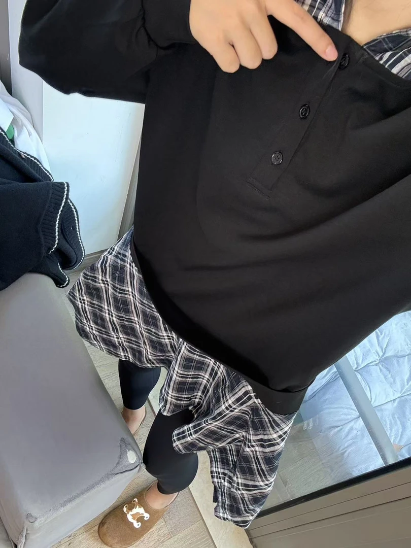 【连帽格子t】长袖休闲百搭大码时尚夏季宽松潮流黑白