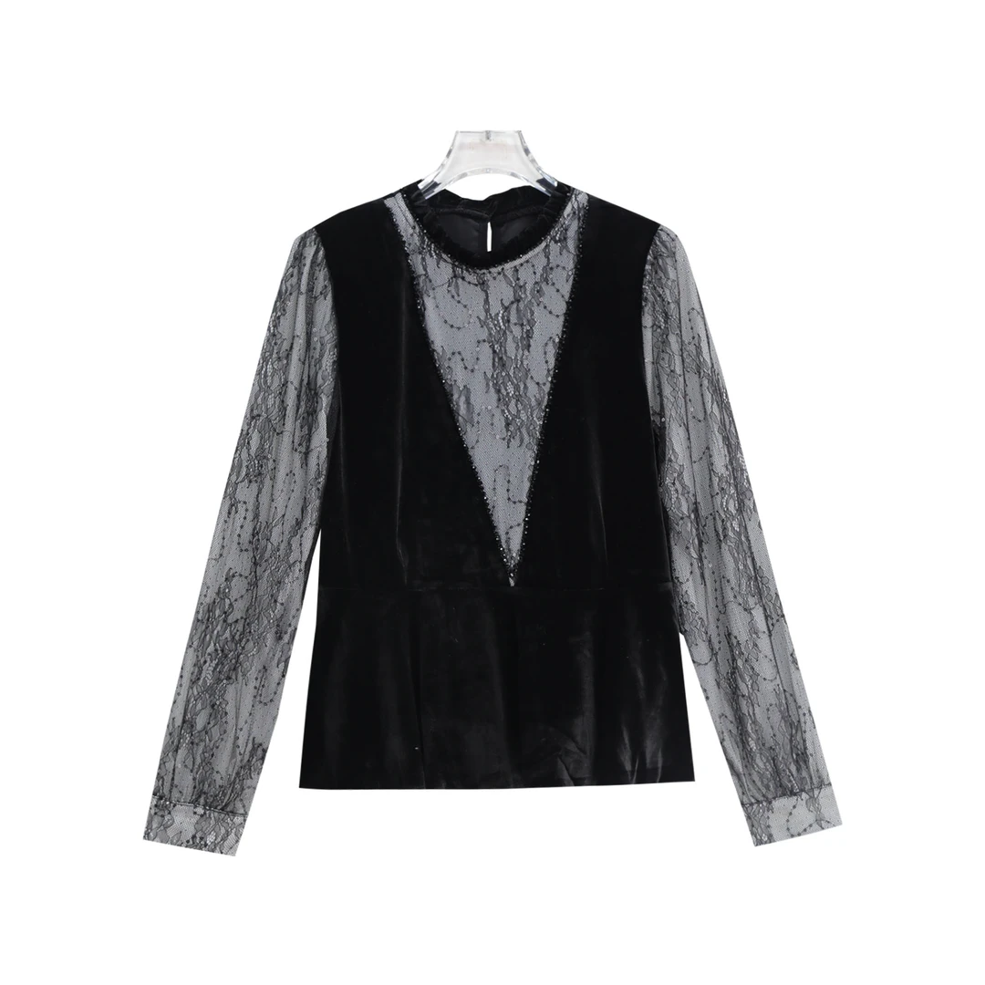 木耳边烫钻轻奢拼接重工镂空蕾丝长袖T恤S3886