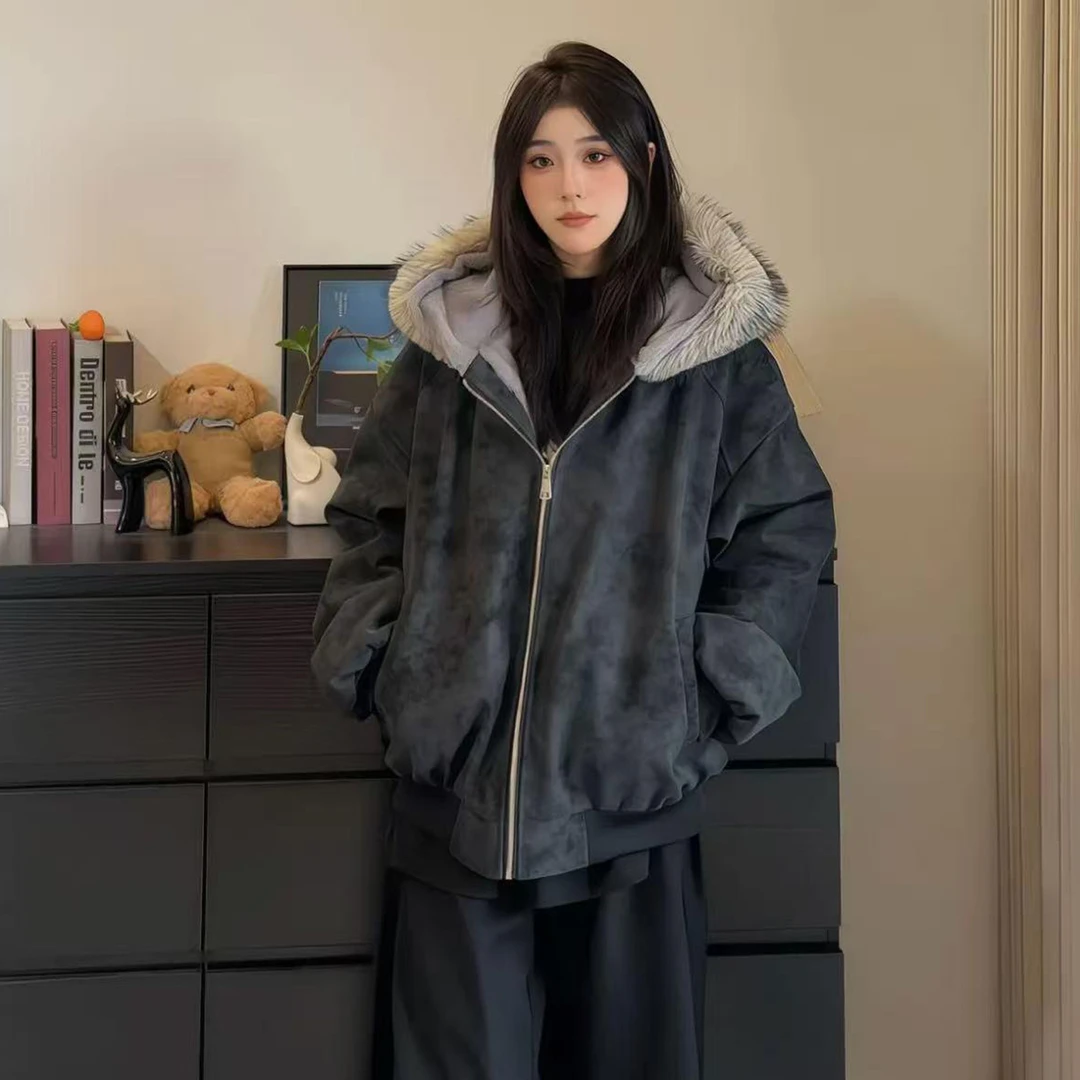 【二代狼王】冬季美拉德风连帽座山雕棉衣情侣款pu皮大毛领棉衣外套