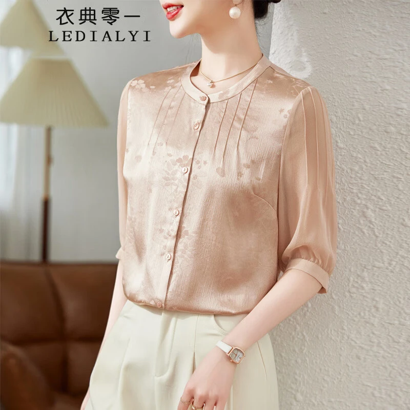 五分袖真丝上衣女装2025夏季新款时尚洋气高贵桑蚕丝轻奢气质衬衫
