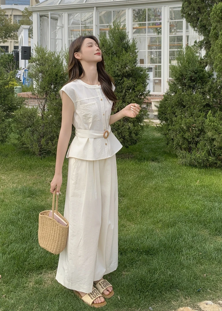 新款无袖收腰显瘦衬衫上衣+高腰垂感阔腿裤洋气女装韩版两件套