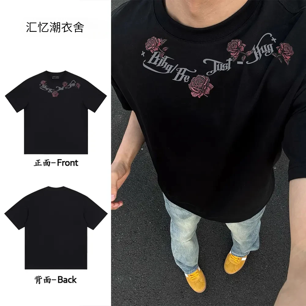 美式高街环绕立体红玫瑰印花上衣重磅纯棉宽松短袖t恤情侣半袖女