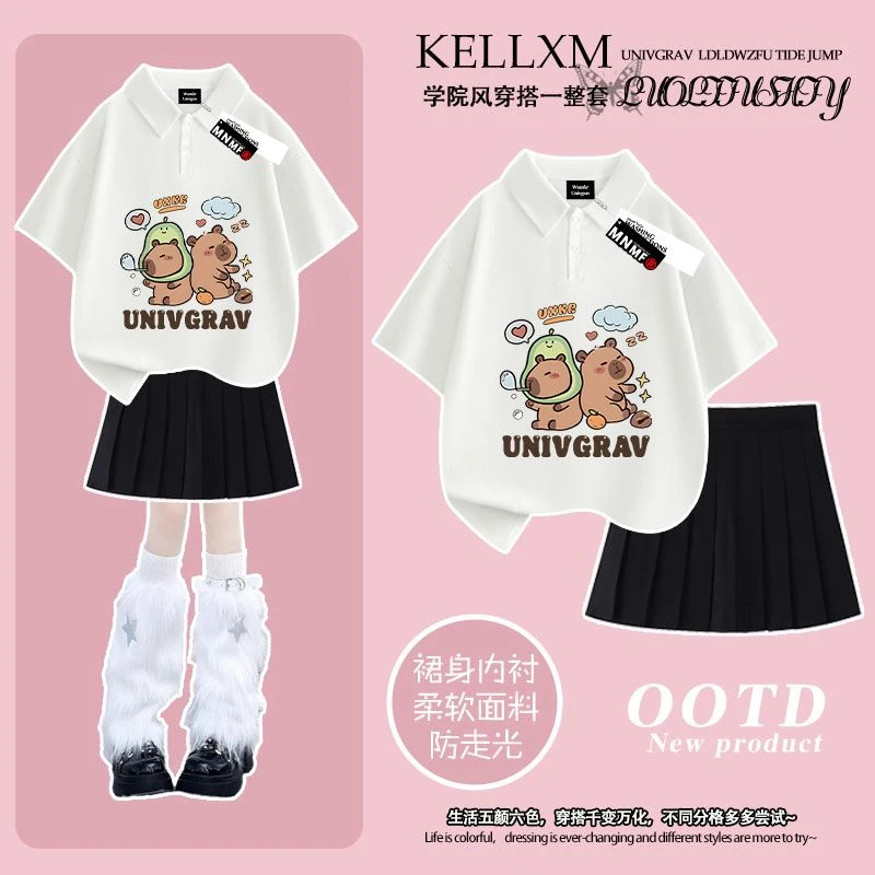 卡皮巴拉印花女童2025夏季纯棉Polo衫短袖t恤短裙套装中大童上衣