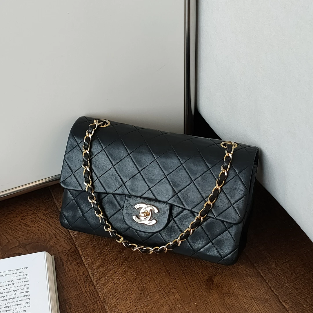 95新 Chanel/香奈儿 Azul-中古款黑金羊皮CF小号单肩包/48796