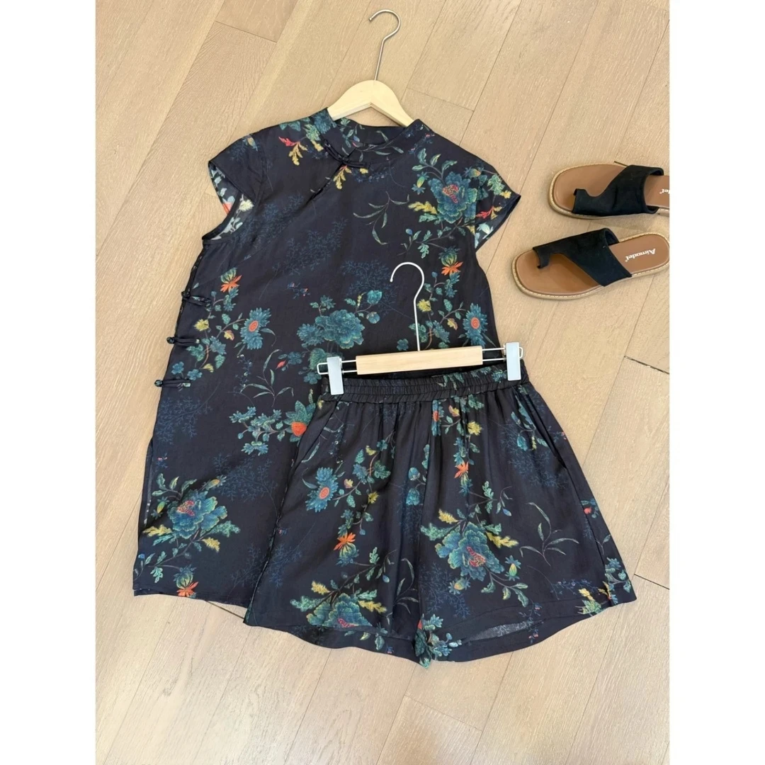 2025夏季新款时尚新中式宽松显瘦盘扣印花短袖上衣短裤两件套装女