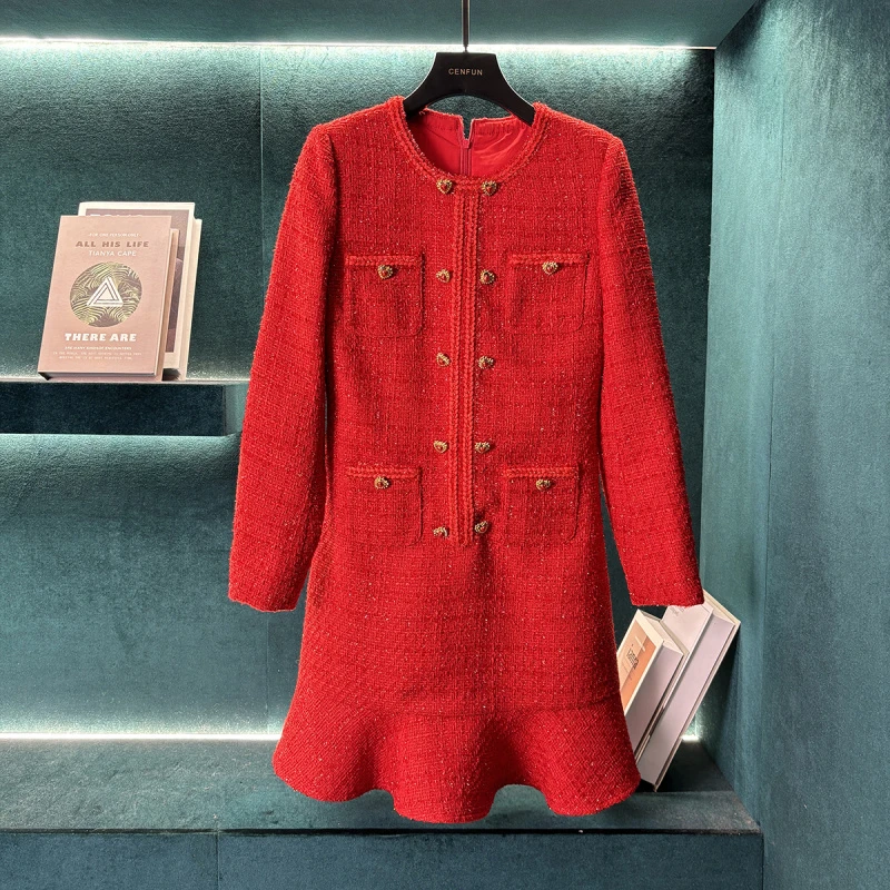 【CENFUN】鱼尾裙女秋冬新款爱心收腰气质小香风连衣裙E031194