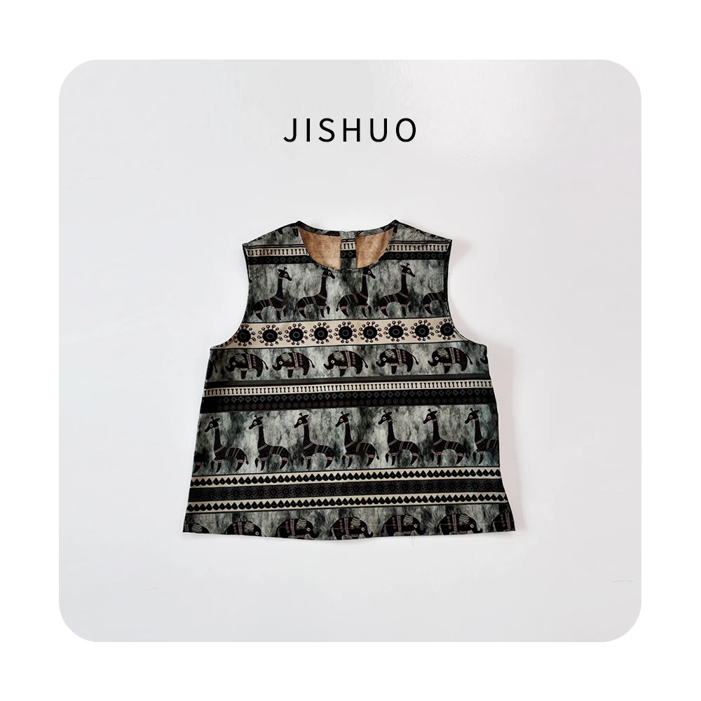 夏季绿色女装背心时尚复古印花无袖设计师