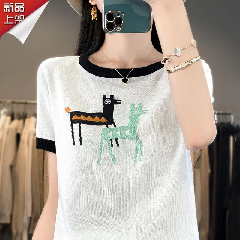 哥弟阿玛施正品夏季新款刺绣冰丝洋气圆领短袖宽松薄款上衣T恤