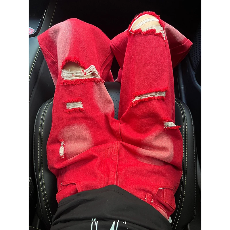 红色扎染做旧破洞牛仔裤女夏季新款美式高街设计感宽松阔腿长裤子