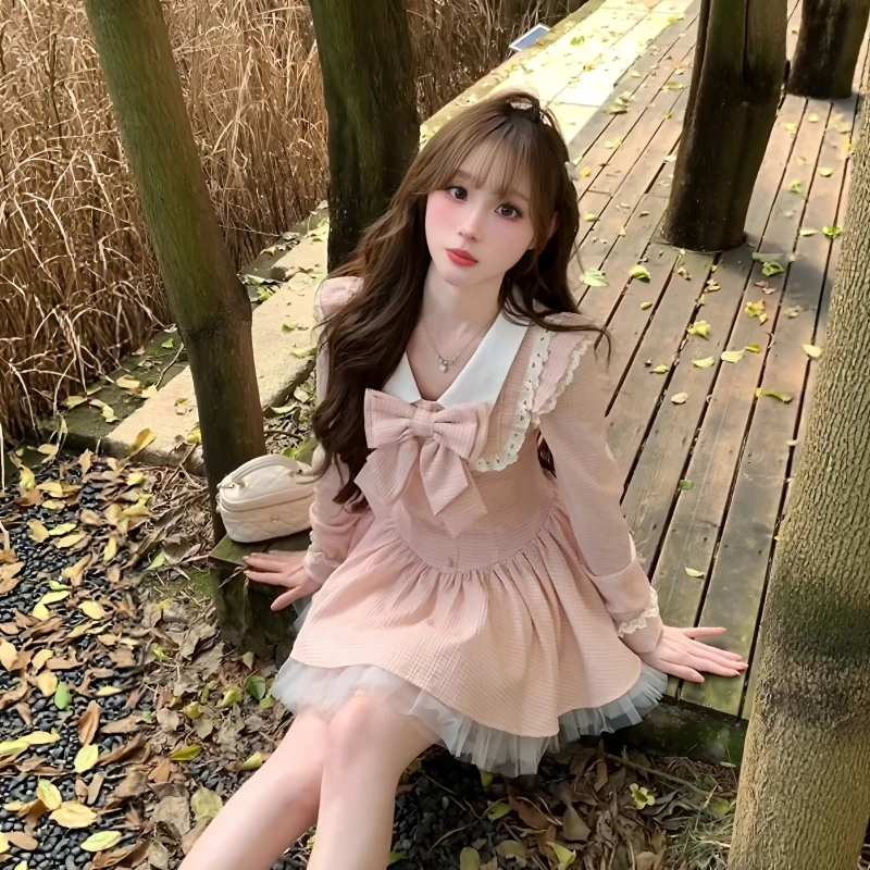 法式甜美蝴蝶结网纱拼接连衣裙女秋季新款设计感小众收腰显瘦短裙