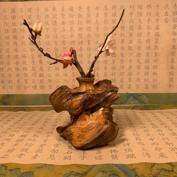 琥珀木花插山水装饰摆件中式茶道禅意花器实木小花瓶