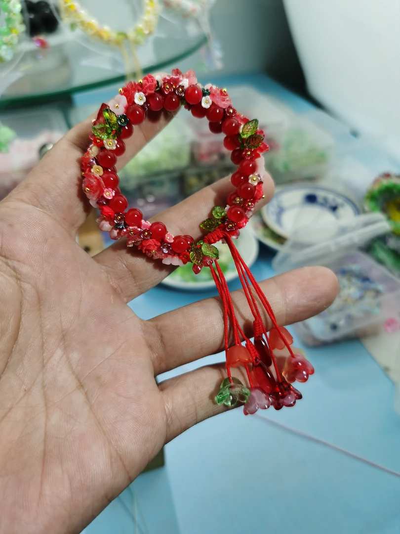 花海手链女生手工diy红色本命年编织时尚串珠超仙古风琉璃树脂花