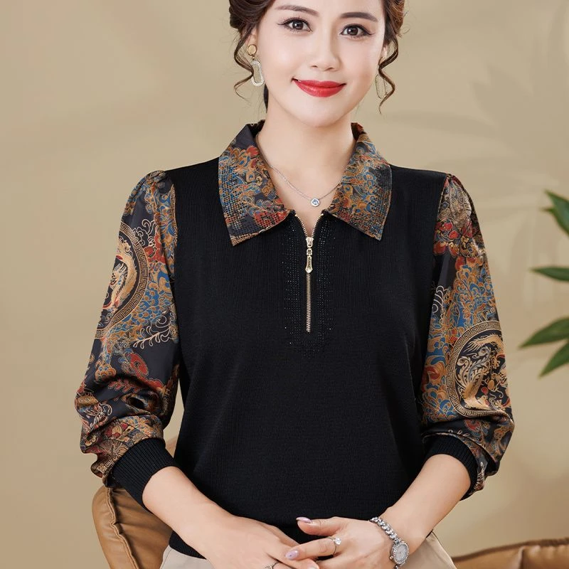 中老年女装秋天正品高档针织纱袖上衣女洋气,妈妈拉链翻领t恤衫
