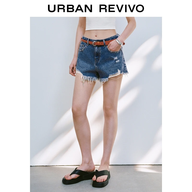 UR2025夏季新款女装休闲复古水洗毛须牛仔短裤UYY850137