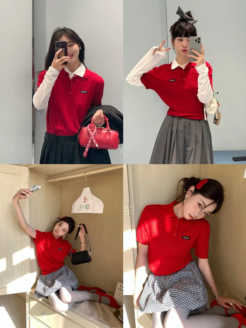 轻柔舒适 春夏字母徽标刺绣显白气质POLO领镂空短袖针织衫M777