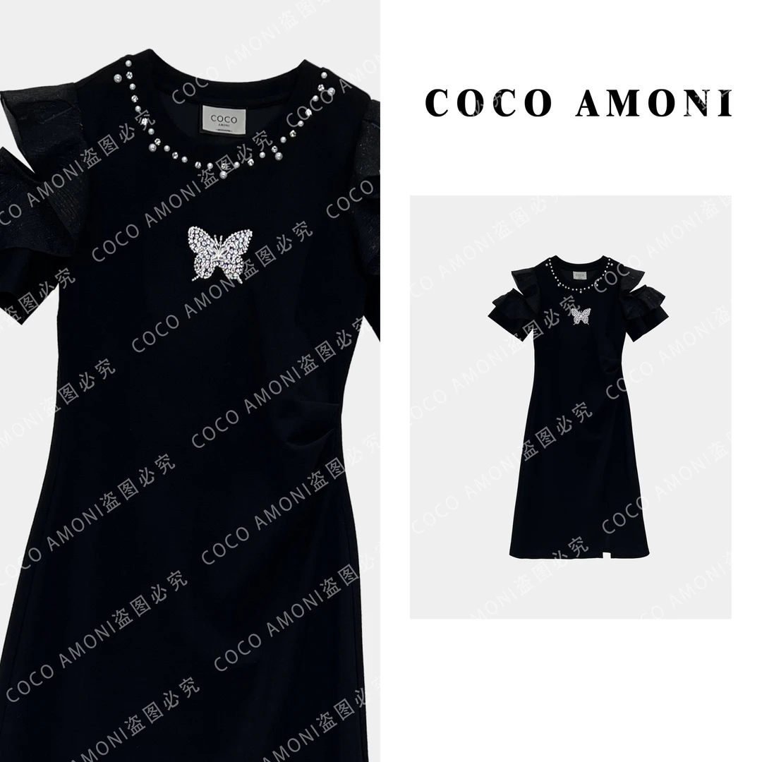 新款气质甜美露肩设计女装拼接烫砖蝴蝶收腰显瘦连衣裙AC011