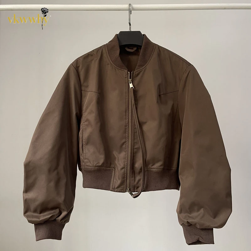 美式辣妹高腰短款飞行服夹克上衣女春秋季复古立领棒球服百搭外套