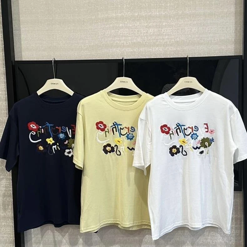 赵小小【米兰花境】花朵字母绣花短袖t恤宽松休闲百搭上衣27529