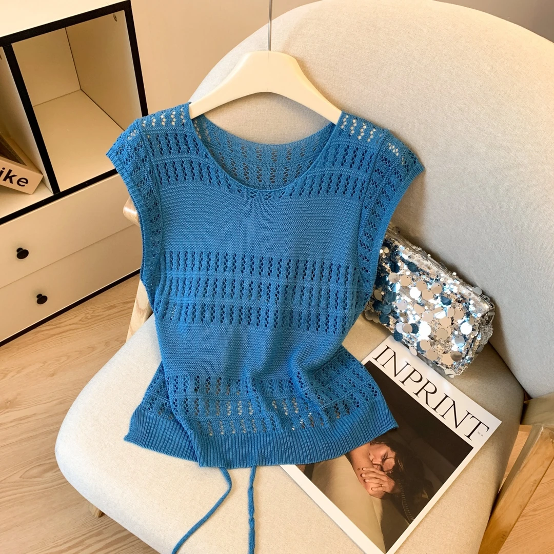 韩系镂空圆领飞飞袖针织衫女夏季薄款宽松显瘦后背系带别致小上衣