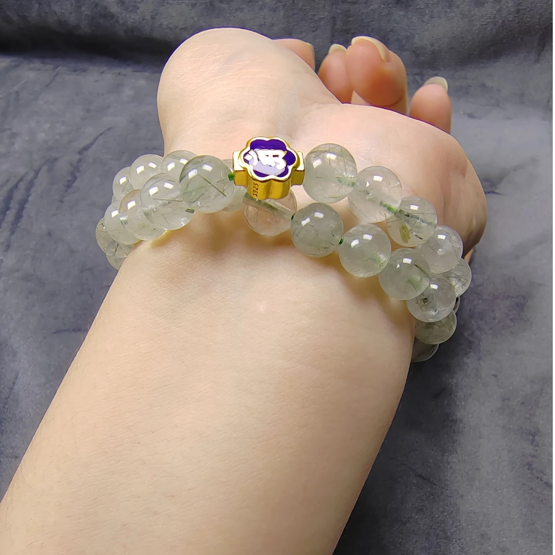 双圈天然绿发晶搭配925银饰百搭手串送女友的礼物附鉴定证书