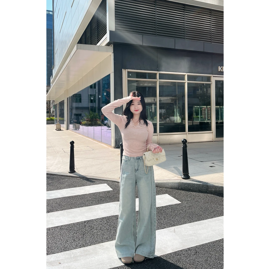 【包子】小个子设计感直筒裤女新款宽松显瘦加绒垂感水洗牛仔裤