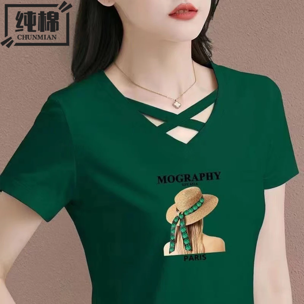 2025夏季新款V领交叉中年人宽松遮肚子运动上衣鸡心领女士t恤短袖