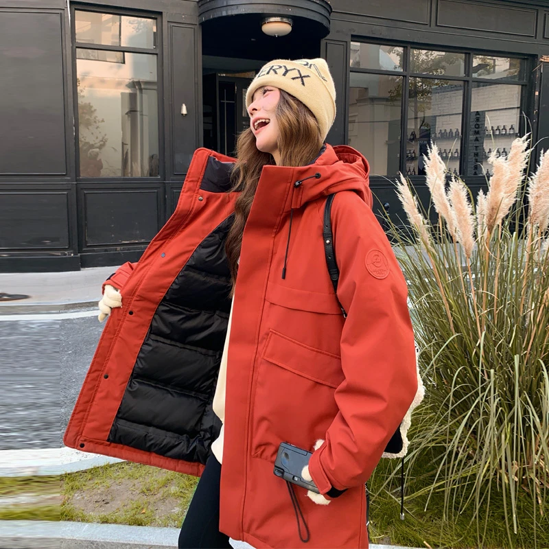 新年红甜酷工装风派克服2025冬季新款小众韩系ins中长款棉服外套