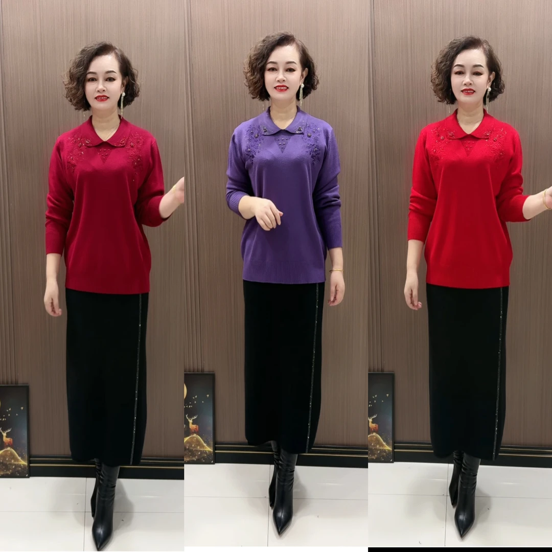 M秋冬新款时尚洋气翻领宽松显瘦妈妈装针织中式气质打底衫长袖