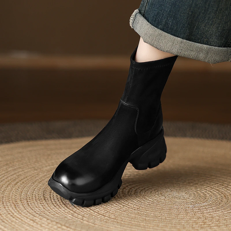 6.5cm圆头粗跟短靴女弹力瘦瘦靴小个子增高黑色厚底马丁靴不累脚