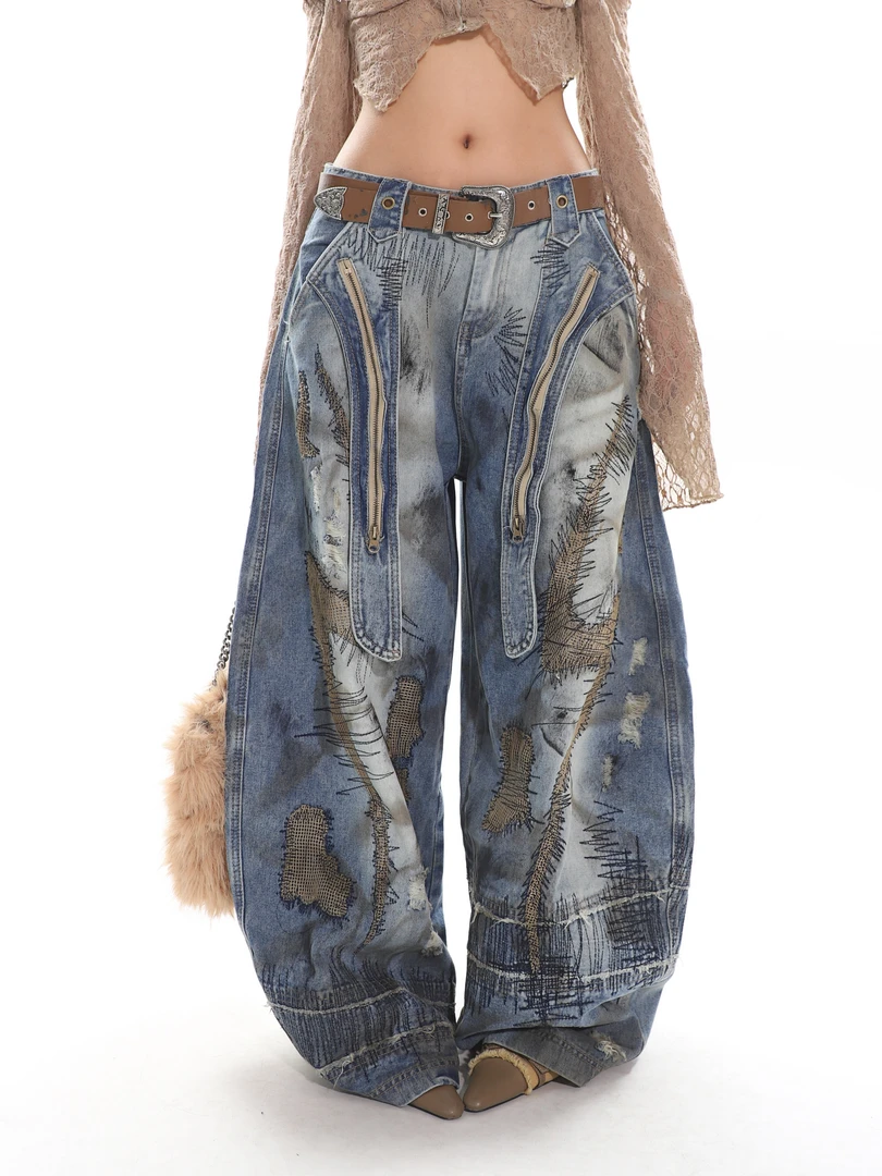 6NE 彩绘美式辣妹水洗做旧弯刀牛仔裤女宽松休闲重工时尚2025夏季