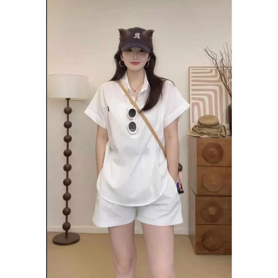 老钱感棉麻套装薄款刺绣显瘦套装宽松时尚百搭翻领半袖polo领上衣