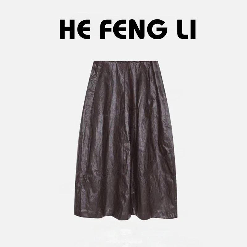 早秋显瘦气质休闲松紧腰皮裙半身裙女时尚百搭中长裙子