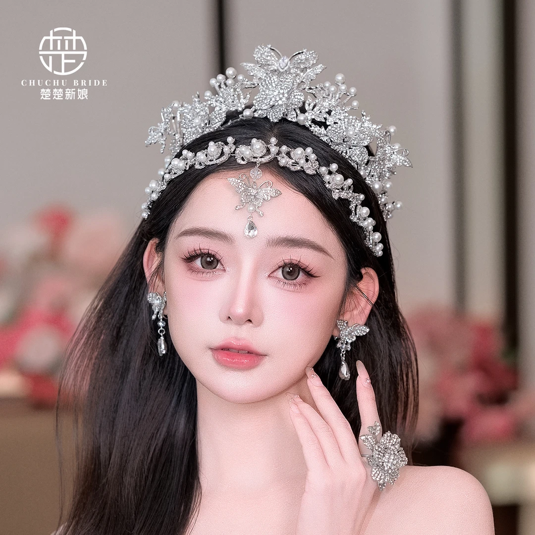 新款闪钻皇冠气质婚纱礼服配饰双冠眉心坠耳环结婚头饰公主王冠