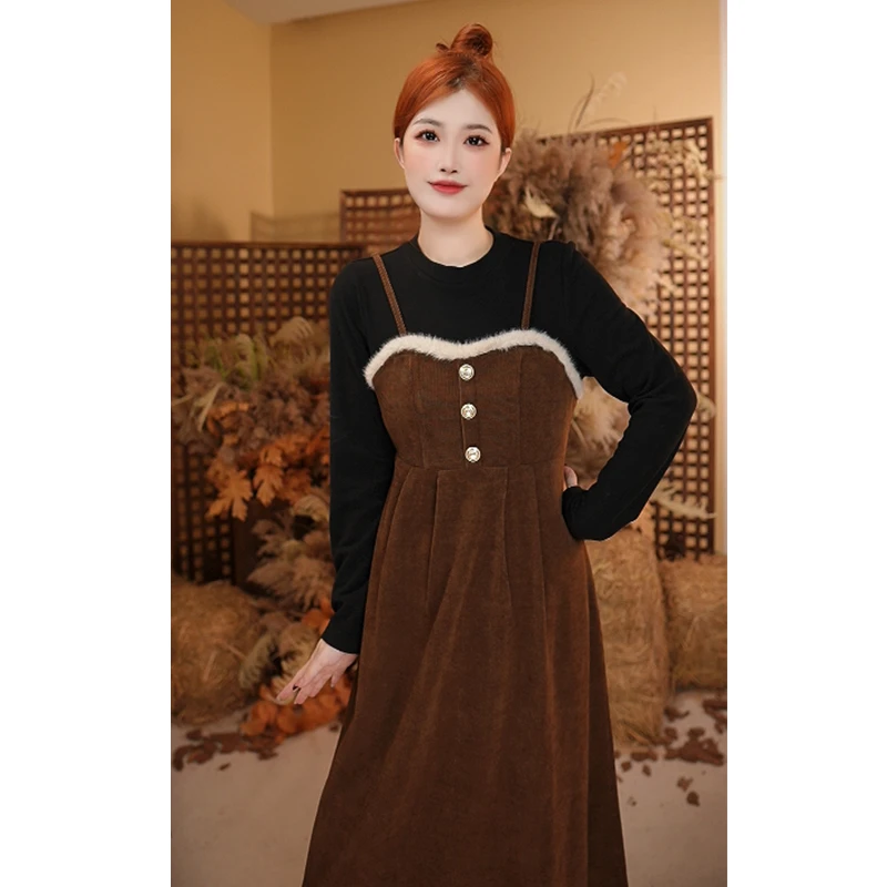 《哆啦》秋冬大码女装收腰显瘦秋冬吊带拼接胖妹妹假俩件连衣裙9109