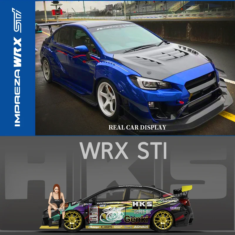 AM 1:64 斯巴鲁 STI 金属蓝 & HKS涂装 仿真合金汽车模型收藏摆件