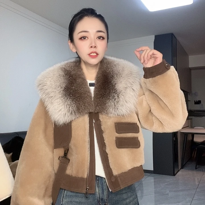 绵羊皮美丽内皮毛一体狐狸毛领M120斤内