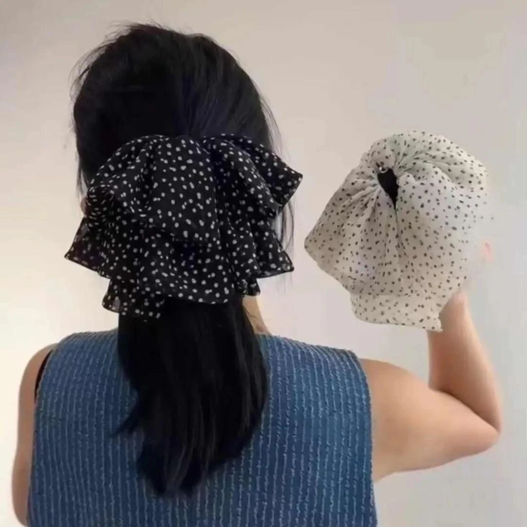 气质百搭高级浪漫蓬松显发量懒人后脑法式波点雪纺蝴蝶结马尾抓夹
