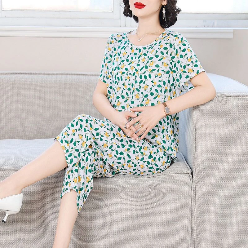 洋气棉绸套装女夏季短袖花色妈妈上衣两件套外穿薄款宽松显瘦