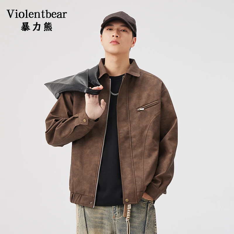 暴力熊美式复古翻领纯色男女帅气机车风夹克外套韩版港风休闲百搭