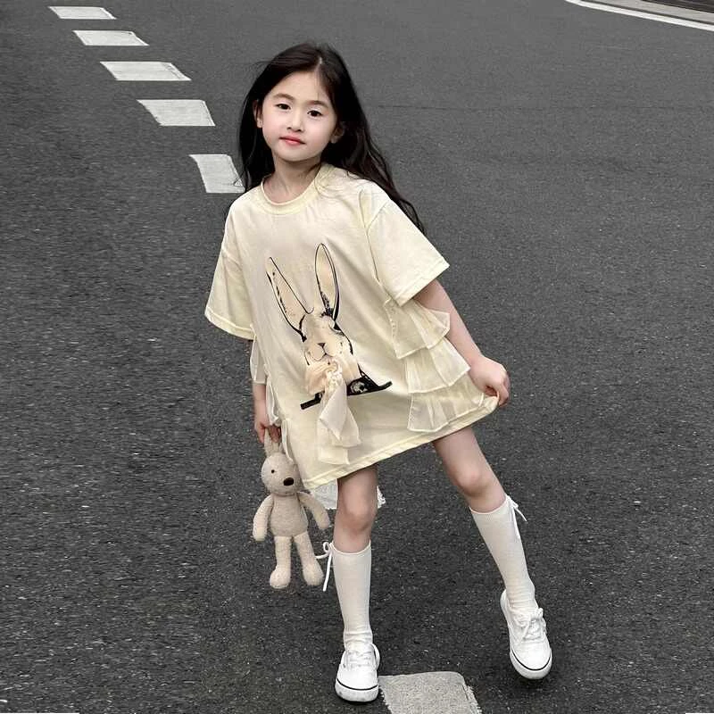 MUMUWU女童纯棉短袖t恤裙新款中大童夏季洋气可爱中长款裙子上衣