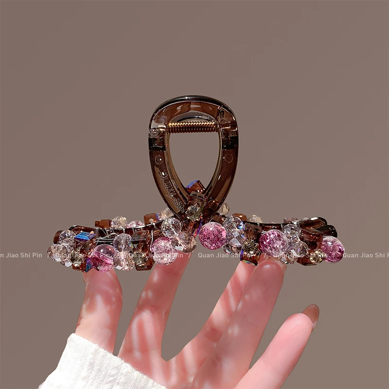 高端网红渐变紫色水晶后脑勺盘发抓夹女轻奢时尚鲨鱼夹新款头饰