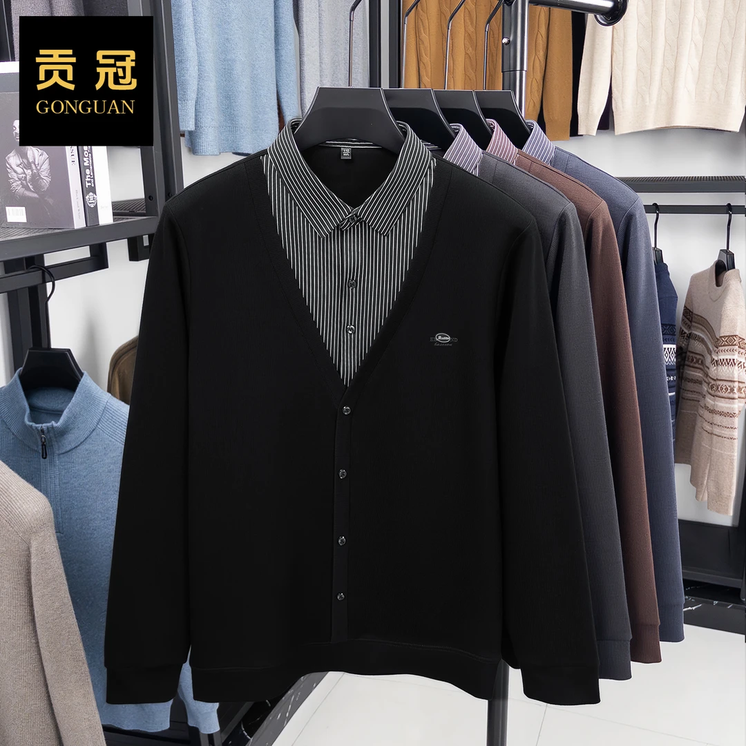 2025春秋新款男士假两件针织衫开衫衬衫领毛衣两件套韩版洋气爸爸