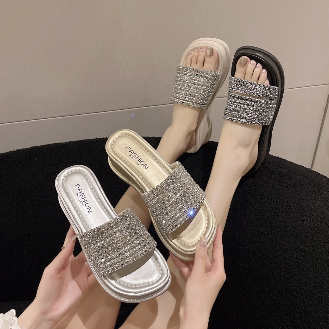 厚底增高外穿时尚百搭一字拖鞋女2025夏季新款配裙子亮钻凉拖鞋子