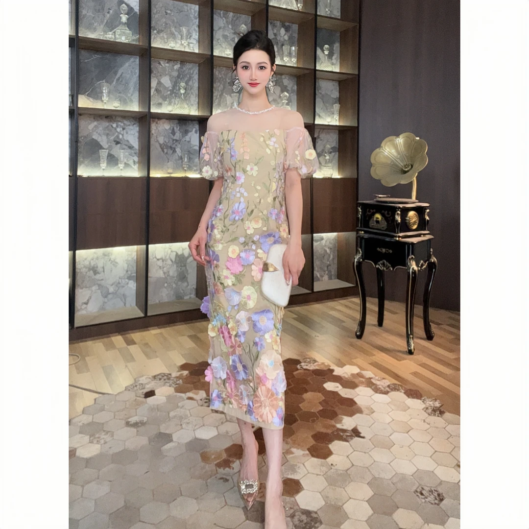 9024碎花显瘦气质夏季复古法式长款修身轻奢小众收腰设计师连衣裙