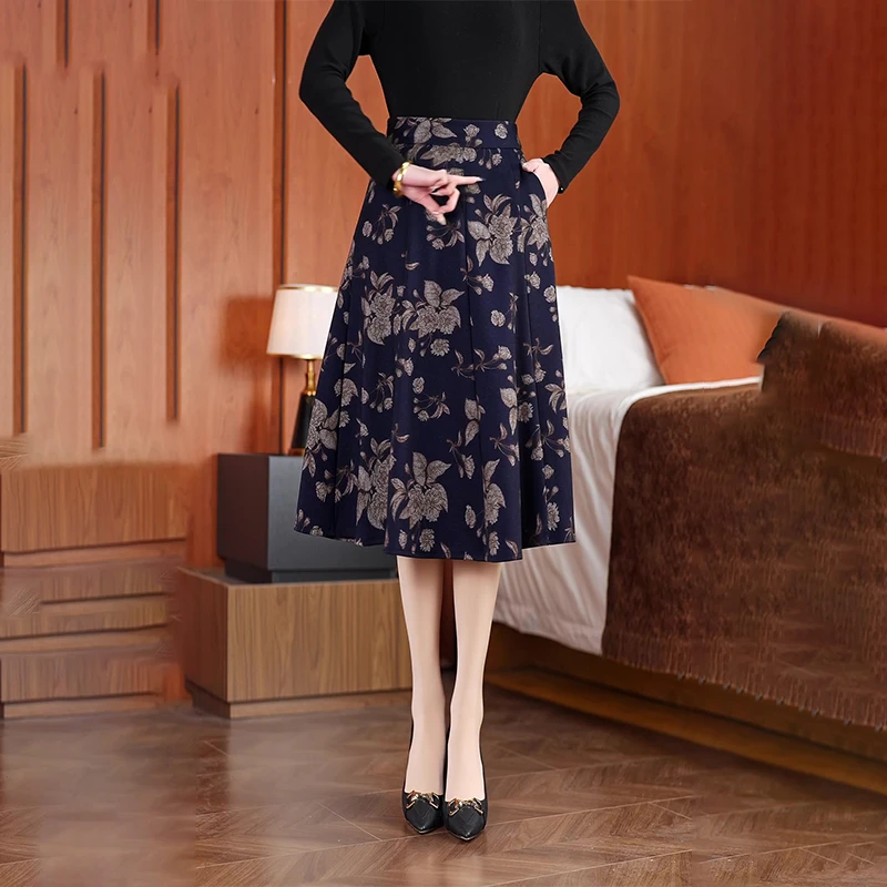 半身裙春秋新款韩版高腰长裙大摆A字裙碎花百褶裙中长款大码