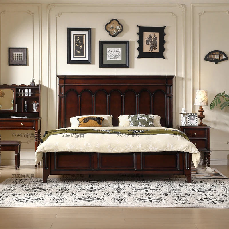 美式复古全实木床现代简约1.8m主卧双人床1.5m中古风高箱储物婚床