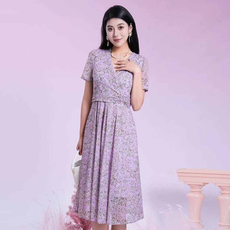 Gowani/乔万尼2025新款碎花夏季弹力网纱法式收腰连衣裙ED2E506